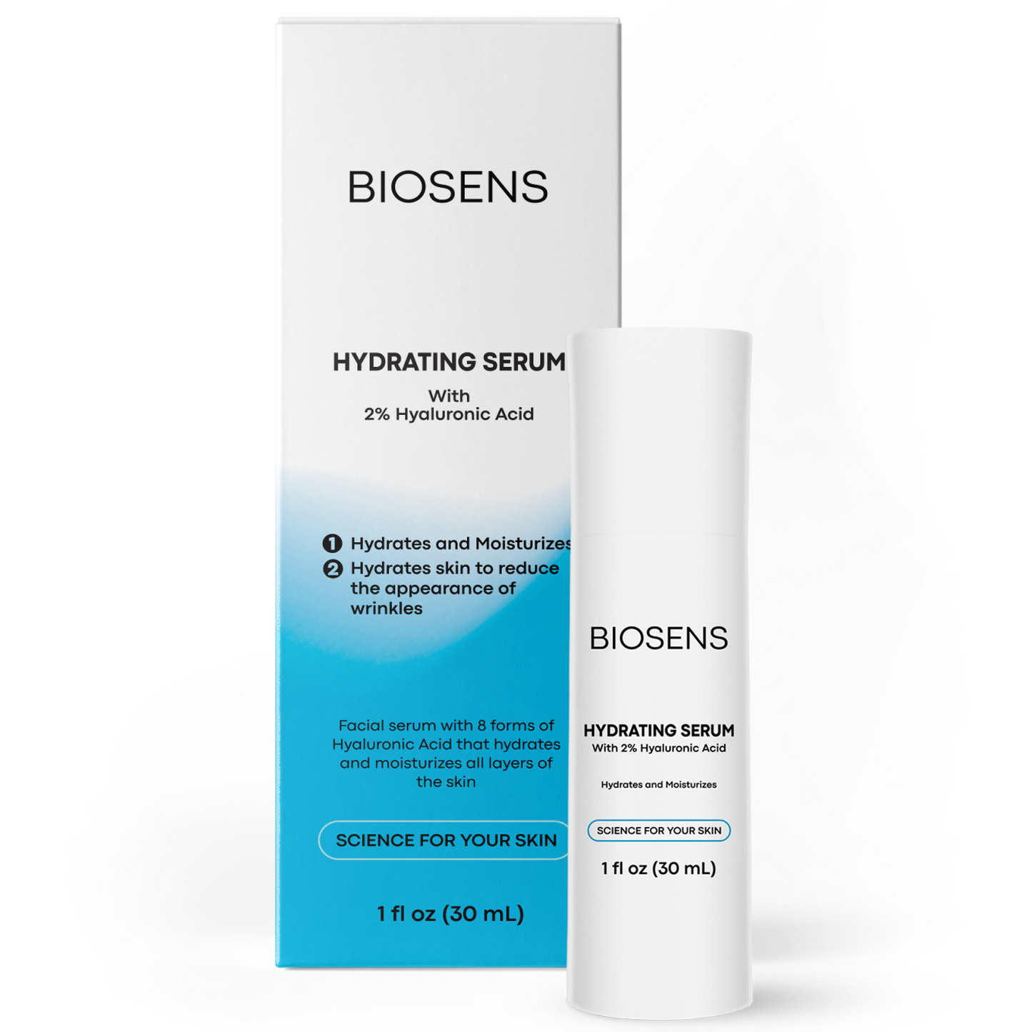 A bottle of Biosens hydrating serum and its package